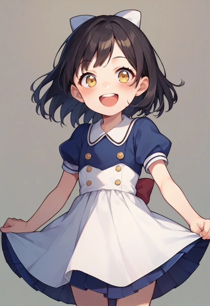 score_9, score_8_up, score_7_up, source_anime, 1girl, lilsis, black hair, yellow eyes, bow, (dress, school uniform), blush, smile, open mouth, upper teeth only