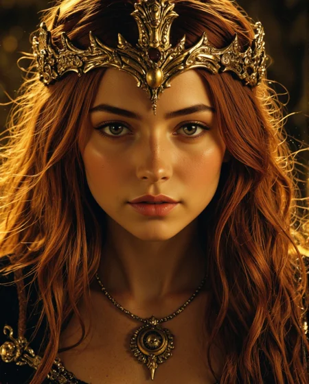 The goddess of war, Extreme Upper Body Closeup Portrait, Vibrant Amber and golden-black color graded. Her face and eyes are shaded by an oversized crown. This eerie armored