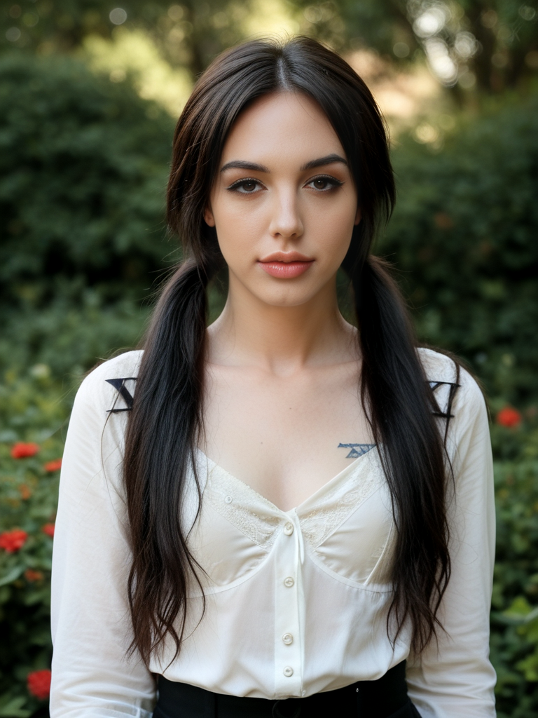 score_9, score_8_up, score_7_up, Annabell3L4ne , Annabelle Lane, <lora:Annabell3L4ne-pony:1>  1girl, makeup, lips, long hair, dark hair, twin tails, white blouse, portrait, solo, looking at viewer, bokeh, focus, film, velvia, artistic, best quality, photograph, focus