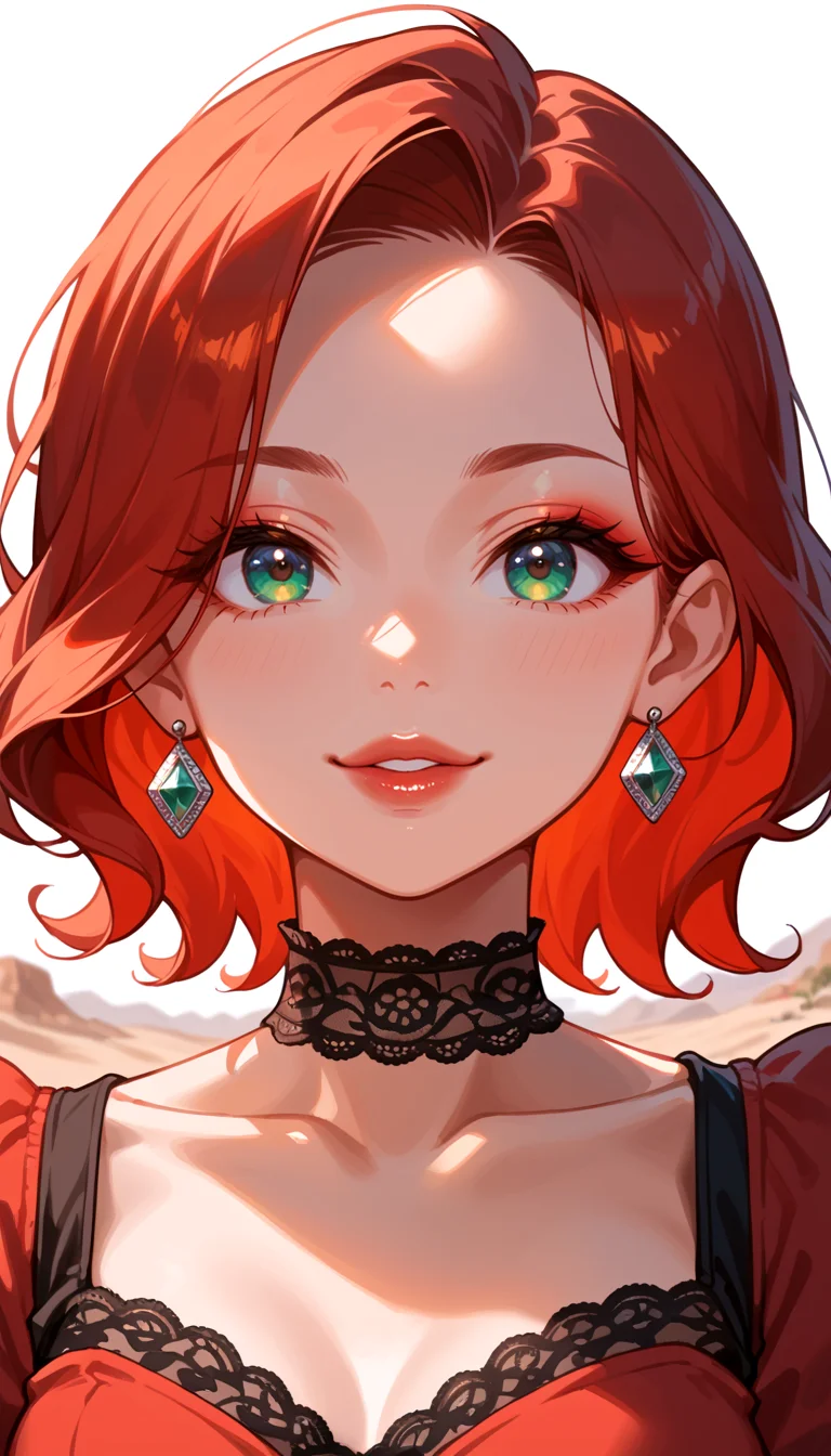 score_9, score_8_up, score_7_up, Anime Style, Portrait, girl, iranian, cute, seductive, innocent, light smile:0.3, plump lips, slender body, oversize knit jumper, dark redhead, rouge, darkred, neck lace choker, perfect makeup, colorful, softcore, warm lighting, cosy atmosphere, Instagram style, red theme, black and red:0.85, dim colors, desert dune background, depth of field, dynamic angle, fashion photography, sharp, hyperdetailed:1.15