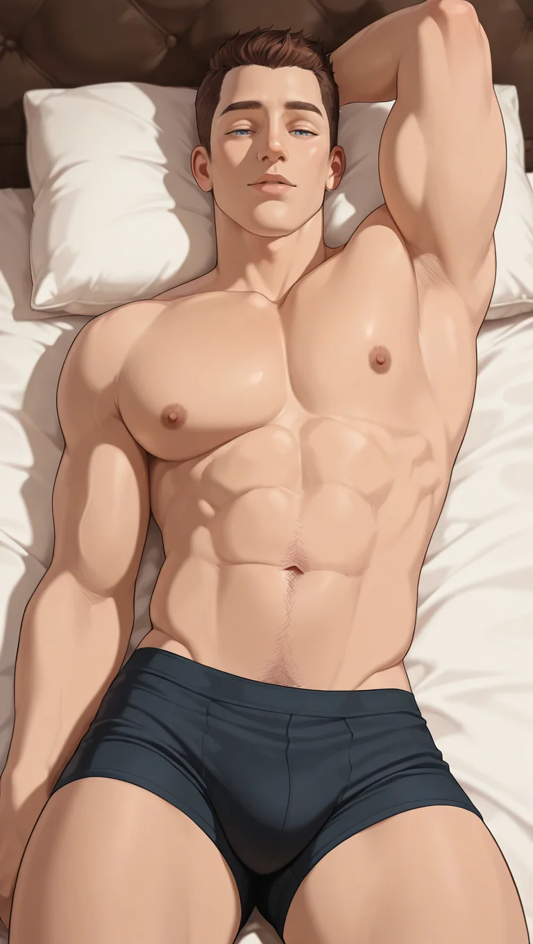 masterpiece,best quality,absurdres,newest,perfect quality,best quality,absolutely eye-catching,detailed background,<lora:Coming Out On Top - Mark Matthews - Illustrious_1-000006:0.7>,markm,1boy,adult male,very short hair,brown hair,blue eyes,navel hair,cowboy shot,(big ass:0.8),lying,on bed,seductive look,looking at viewer,topless,black boxer briefs,bara,