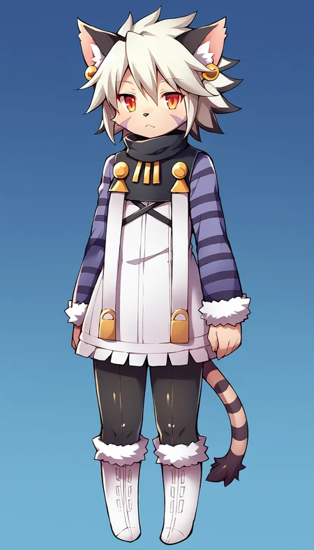 score_9, score_8_up, score_7_up, source_anime
BREAK
<lora:ElhPDXL:1> elh, 1girl, solo, furry female, cat girl, full body, standing, contrapposto, looking at viewer, arms at sides, :<, expressionless, cute, red eyes, orange eyes, body fur, elhattire, fur-trimmed sleeves, fur trim, black pants, white boots, cat ears, white hair, short hair, shiny hair, earrings, facial mark, animal nose, striped tail, striped sleeves, purple sleeves, blue background, gradient background