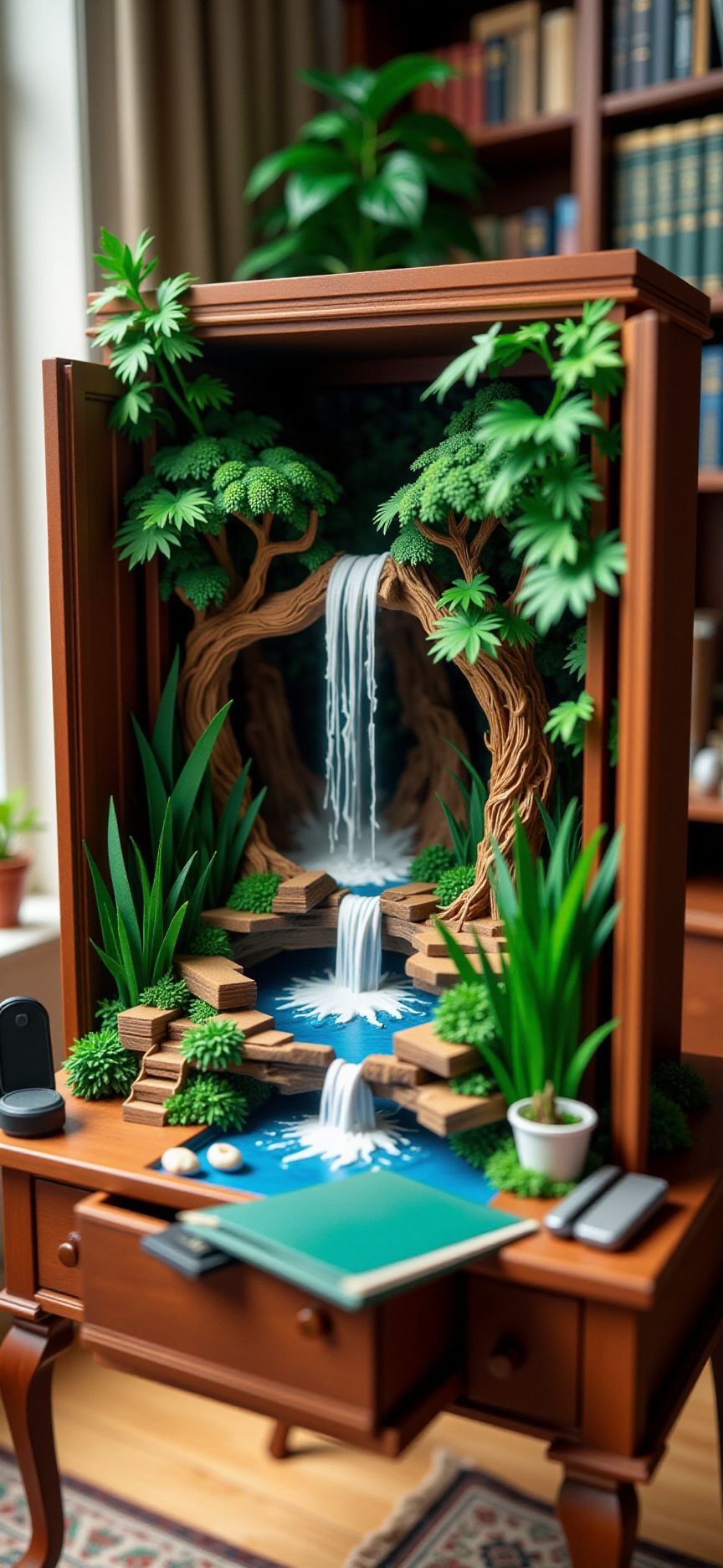 (indoors,indoor,isometric view,side view,tilt-shift lens:2), (in the style of ck-sfc,fna_style,fna_style,a scene from a pop-up,card letter:2), (very huge miniature wardrobe:1.5),(opened wardrobeis filled with  jungle with waterfall:2) (on desk at study:4) <lora:Fantasy_Novel_Art_Style:1><lora:ck-plastic-models:1> <lora:Pop-up_Book_Papercraft_Plotter_FLUX:1>