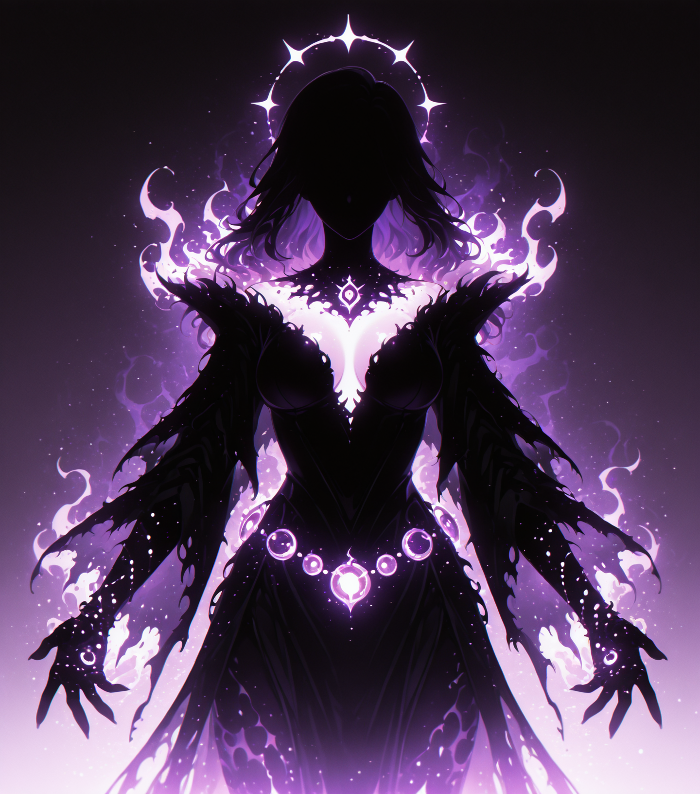 <lora:Shadows_v2_Buns:0.65> sh4d0w, purple aura, glowing, solo, Sorcerer, wearing Ornate garb emphasizing their innate magical power, floating arcane orbs, masterpiece, best quality, amazing quality