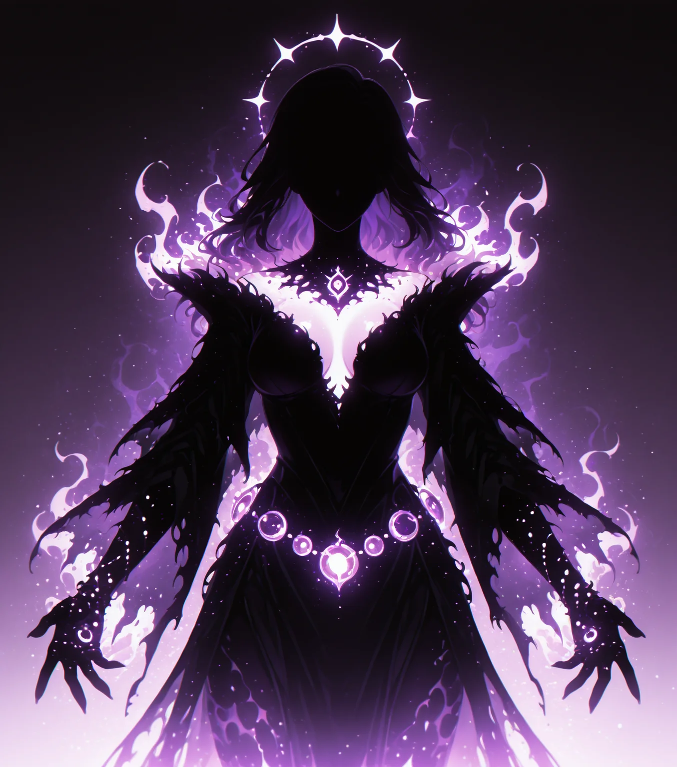 <lora:Shadows_v2_Buns:0.65> sh4d0w, purple aura, glowing, solo, Sorcerer, wearing Ornate garb emphasizing their innate magical power, floating arcane orbs, masterpiece, best quality, amazing quality