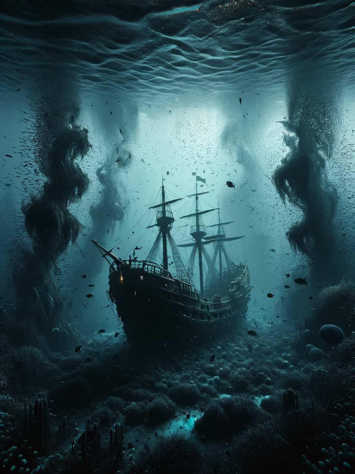 A deep underwater scene with a sunken pirate ship, surrounded by ais-darkpartz that move like ghostly sea creatures in the dark waters. <lora:Dark_Particles_Style_SDXL:1>