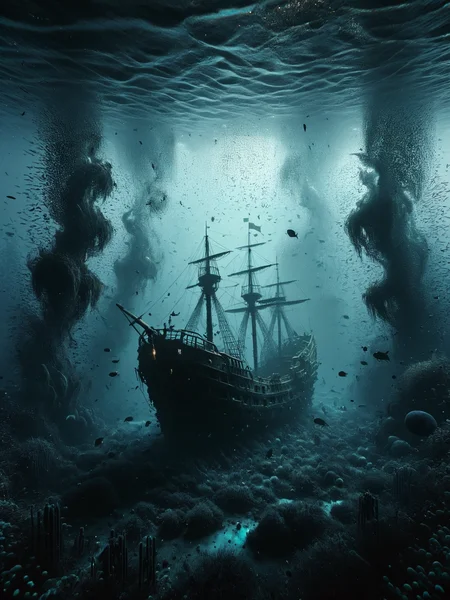 A deep underwater scene with a sunken pirate ship, surrounded by ais-darkpartz that move like ghostly sea creatures in the dark waters. <lora:Dark_Particles_Style_SDXL:1>