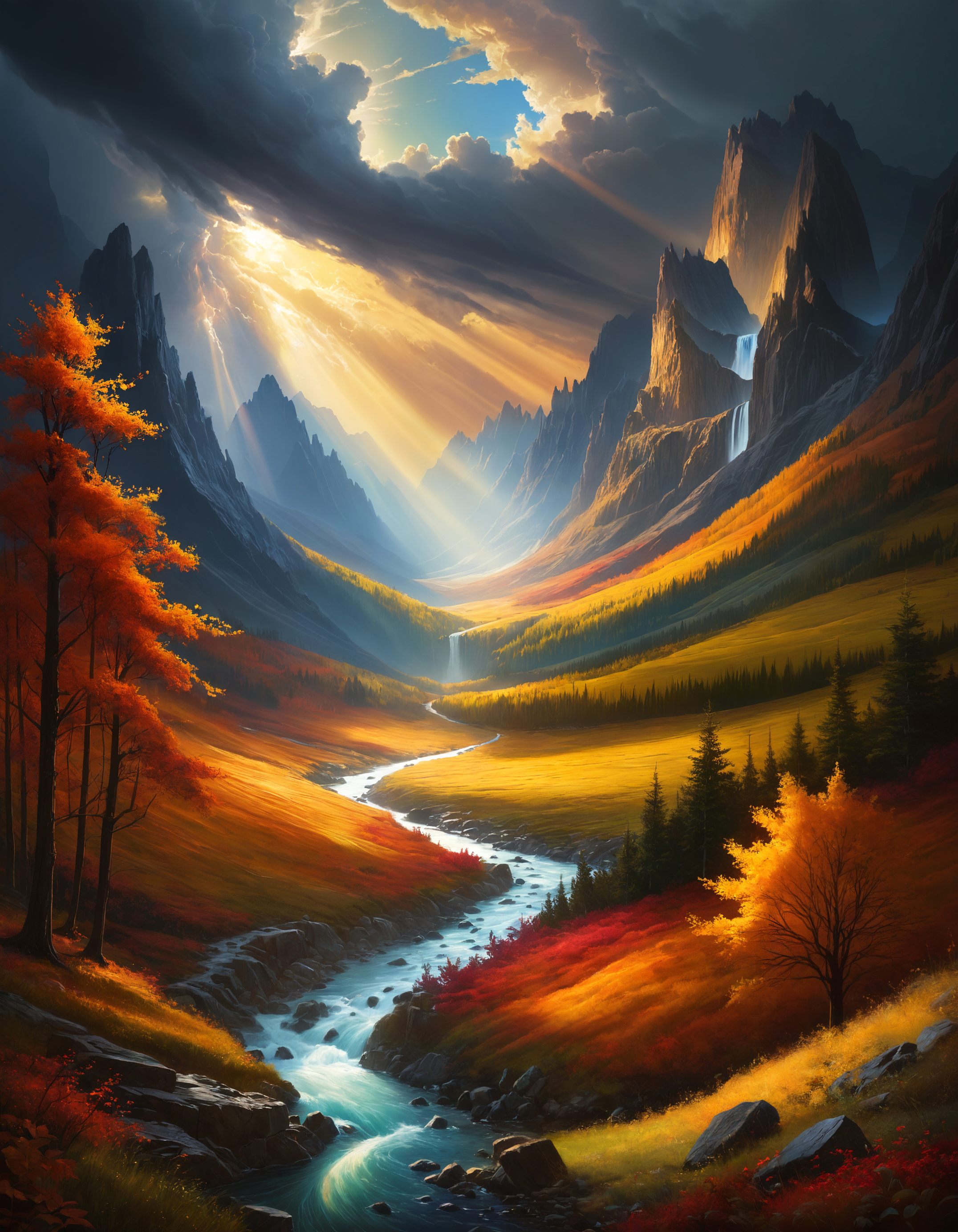 painting of a river runs through a beautiful and colorful fairy tale valley, thick autumn forest, storm, tornado, haze, magic, sun beams, volumetric lighting, beautiful, rich deep colors, painted, intricate, sharp focus, ultra detailed, astrophotography, magnificent, celestial, ethereal, epic, magical, dreamy, chiaroscuro, atmospheric lighting, 
