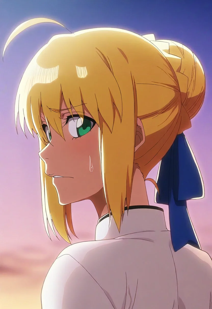 masterpiece, best quality, anime screencap, , looking at viewer, depth of field, 1girl, saber \(fate\), blonde hair, green eyes, ahoge, hair between eyes, hair bun, hair bow, solo, profile, machu picchu, dusk, hand on hip, nervous, <lora:bleach_tybw_style_ilxl:1.0>, bleach_tybw_style,