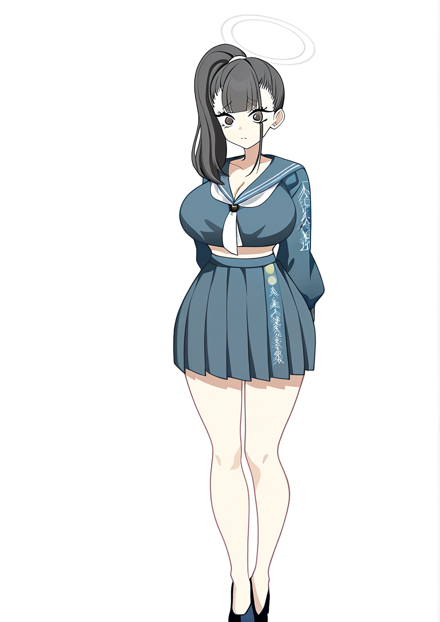 <lora:sukeban_multi_characters_blue_archive:0.9>,1girl,blue archive,official art,official style,
wide hips, huge breasts, sukeban \(smg\) \(blue archive\), BLACK HAIR, high side ponytail, black eys, white halo, sailor dress, short skirt, x mask, black high heels, closed mouth, dynamax band, solo, 
very awa, masterpiece, best quality, highres, absurdes,amazing quality,year 2024,newest