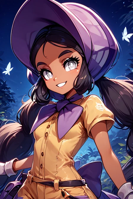 score_9, score_8_up, score_8, medium breasts, (curvy), cute, eyelashes, ,,, , ,,, zzHapu, grey eyes, black hair, long hair, twintails, very long hair, dark skin, bright pupils, white pupils, gloves, purple bonnet, short sleeves, jumpsuit, <lora:Hapu_Pokemon_PDXL:1.0>, ,,,, BREAK, ,,, upper body, smile, looking at viewer, ,,, shiny skin, <lora:ProAnime_PDXL_v1:0.8>, night, soft shadows, moonlight reflecting off skin, whisper of wind, ,,, embedding:zPDXL, Expressiveh, <lora:SDXLFaeTastic2400:0.5>, <lora:Expressive_H-000001:0.4>,