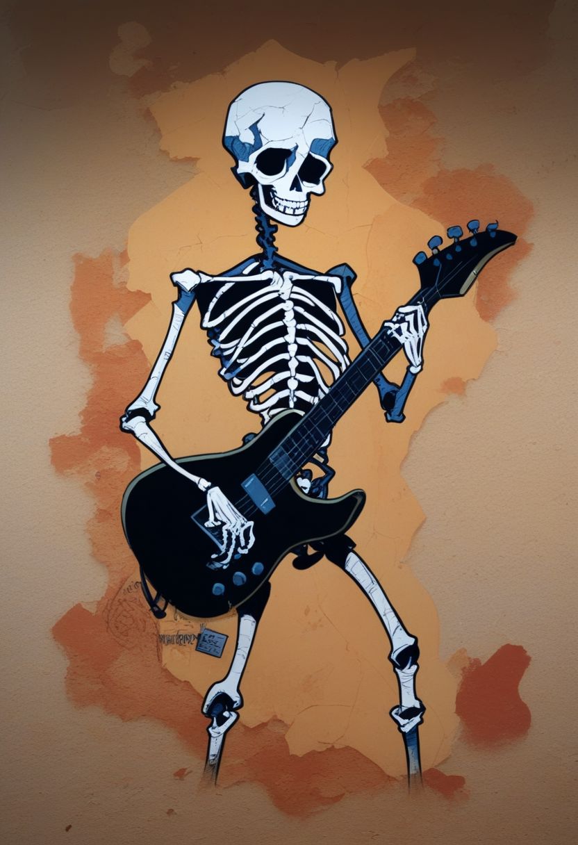 score_9, score_8_up, score_7_up, skeleton playing guitar, mural, wall