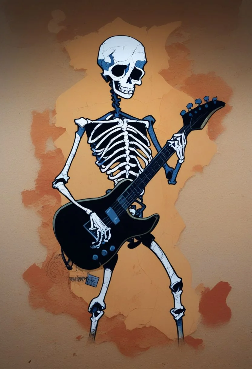 score_9, score_8_up, score_7_up, skeleton playing guitar, mural, wall