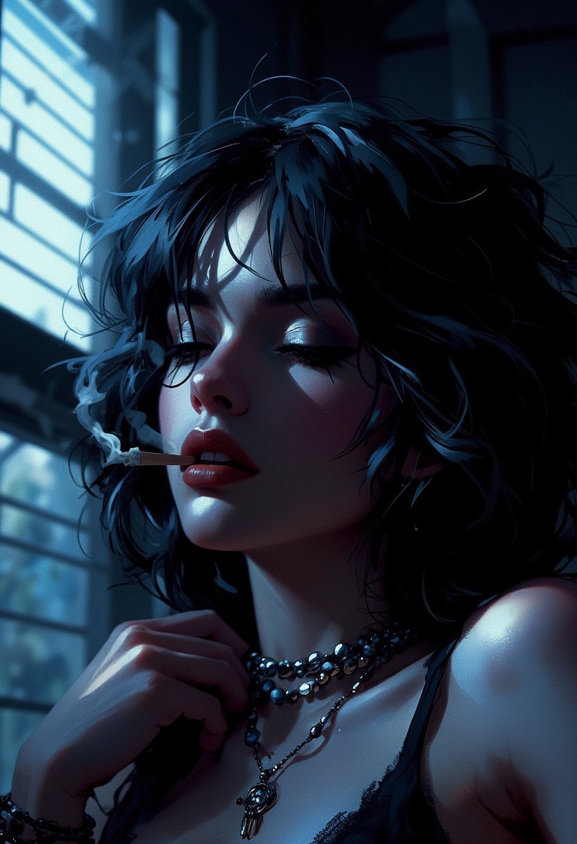 neo-noir ethereal portrait, chrome-kissed halides, venetian blind shadows, cigarette smoke tendrils, neon-rimmed silhouette, film grain texture dissolving into liquid silver, haunted glamour meeting urban decay –style raw 80