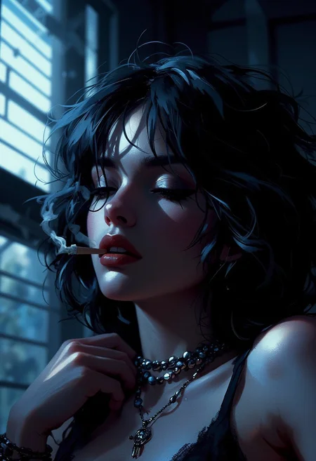 neo-noir ethereal portrait, chrome-kissed halides, venetian blind shadows, cigarette smoke tendrils, neon-rimmed silhouette, film grain texture dissolving into liquid silver, haunted glamour meeting urban decay –style raw 80