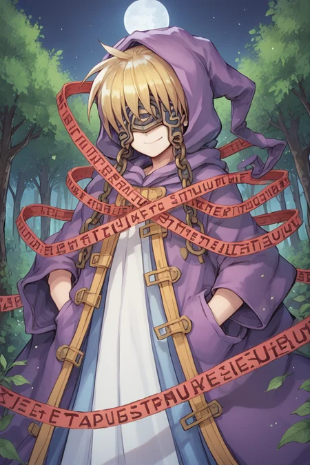 (score_9, score_8_up, score_7_up, score_6_up), source anime, BREAK, solo, <lora:Nessiah-000013:0.75> , nesdef, 1boy, blonde hair, mask, covered eyes, robe, purple robe, hood up, caution tape, red caution tape, chain, cuffs, exterior, forest, trees, fortress, castle, cowboy shot, night, moon, forest, zen garden, (hands in pockets), smile, closed mouth, <lora:zy_Detailed_Backgrounds_v1:0.5> , detailed background, highly detailed, <lora:backgroundsetXL:0.4> , background, <lora:m4gXLP:0.8> , m4g,