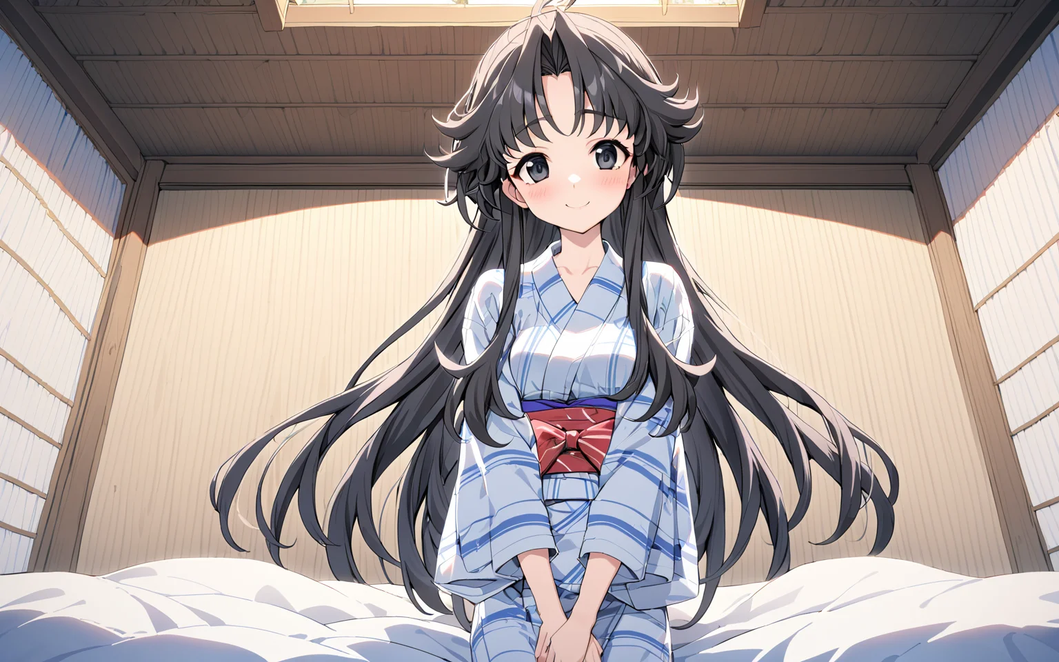 1girl, chisa\(memories off 6\), solo, futon, tatami, looking at viewer, pillow, black eyes, black long hair, red sash, red bow, white yukata, on bed, bed sheet, v arms, smile, indoors, blush, sidelocks, masterpiece, best quality, very aesthetic, absurdres, vivid colors, highres, 4k, 8k, intricate detail, cinematic lighting, wallpaper <lora:chisa_v2:1> <lora:aesthetic_anime_v1s:1>