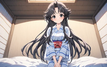 1girl, chisa\(memories off 6\), solo, futon, tatami, looking at viewer, pillow, black eyes, black long hair, red sash, red bow, white yukata, on bed, bed sheet, v arms, smile, indoors, blush, sidelocks, masterpiece, best quality, very aesthetic, absurdres, vivid colors, highres, 4k, 8k, intricate detail, cinematic lighting, wallpaper <lora:chisa_v2:1> <lora:aesthetic_anime_v1s:1>