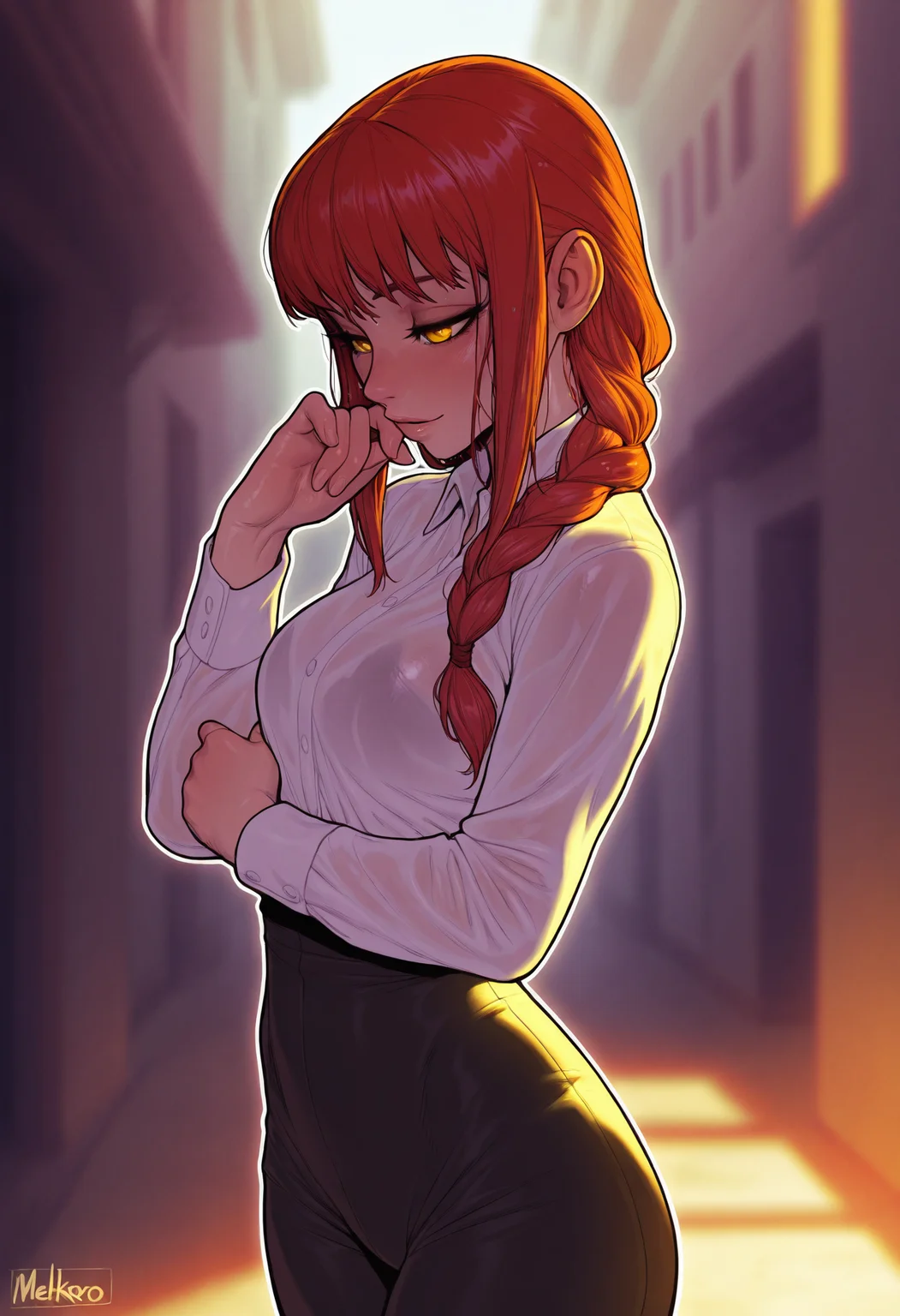 masterpiece,best quality,amazing quality,
artist: melkor,, (artist: incase:0.7), white outline glow, long wet hair, chromatic abberation, blurred background, dimmed background,
1 girl, alluring, pose,
makima ,
default clothing, default location,
detailed character, detailed face, detailed skin, detailed hair, detailed clothing,