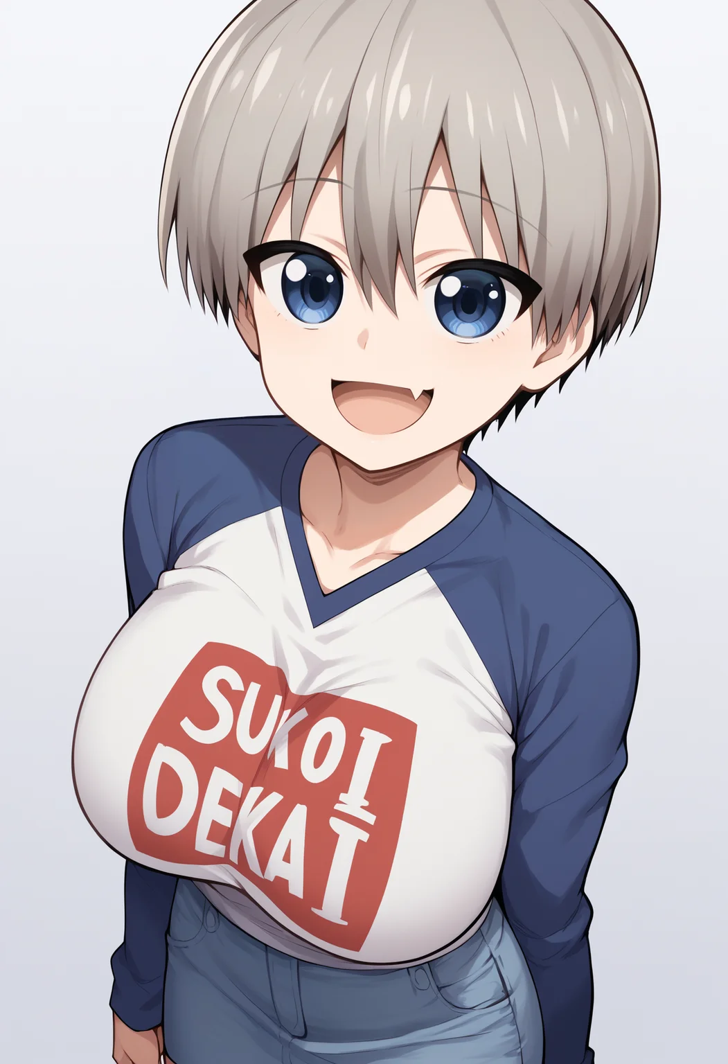 score_9, score_8_up, score_7_up, score_6_up, score_5_up, score_4_up, BREAK,
1girl, uzaki hana, grey hair,  short hair, hair between eyes, bangs, blue eyes, skin fang,
raglan sleeves, long sleeves, clothes writing, denim skirt, large breasts, open mouth,
smile, solo, upper body, looking at viewer, simple background   <lora:UzakiHanaXL:1>