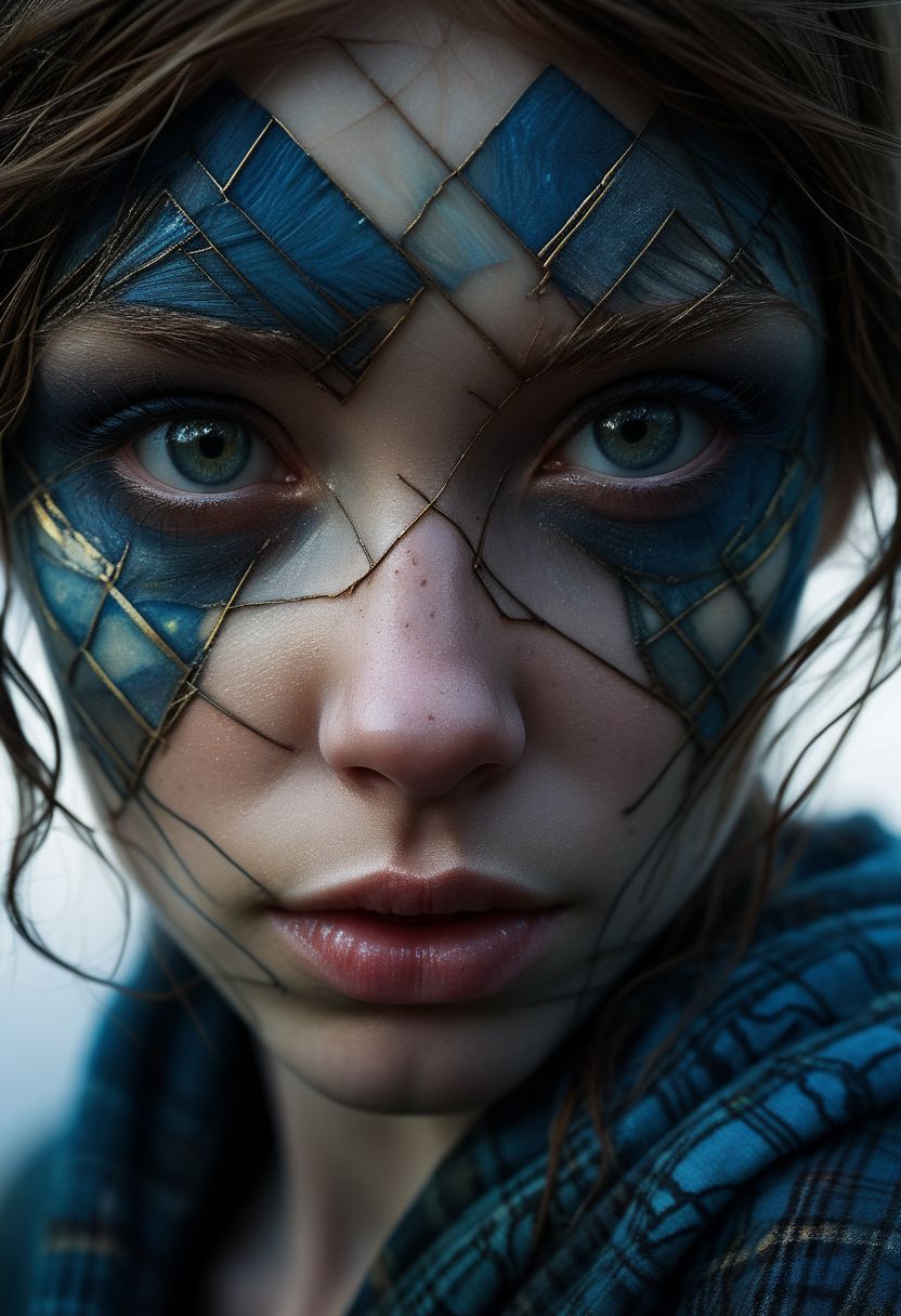 Close-up face, mysterious silhouette of a scottish girl in worn down clothing, goddess, alluring, by Minjae Lee, Carne Griffiths, Emily Kell, Steve McCurry, Geoffroy Thoorens, Aaron Horkey, Jordan Grimmer, Greg Rutkowski, amazing depth, double exposure, surreal, geometric patterns, intricately detailed, bokeh,  perfect balanced, deep fine borders, artistic photorealism , smooth,  great masterwork by Suiras  <lora:add-detail-xl:2>  <lora:Double_Exposure:0.5>