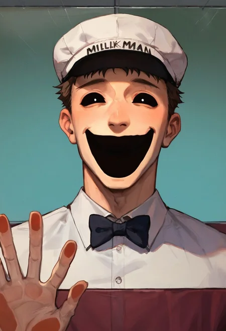 zPDXL3, score_9, score_8_up, score_7_up, 1boy, hat, collared shirt, bowtie, Hoon man, blank black eyes, black mouth, laugh, glass window, hand against glass