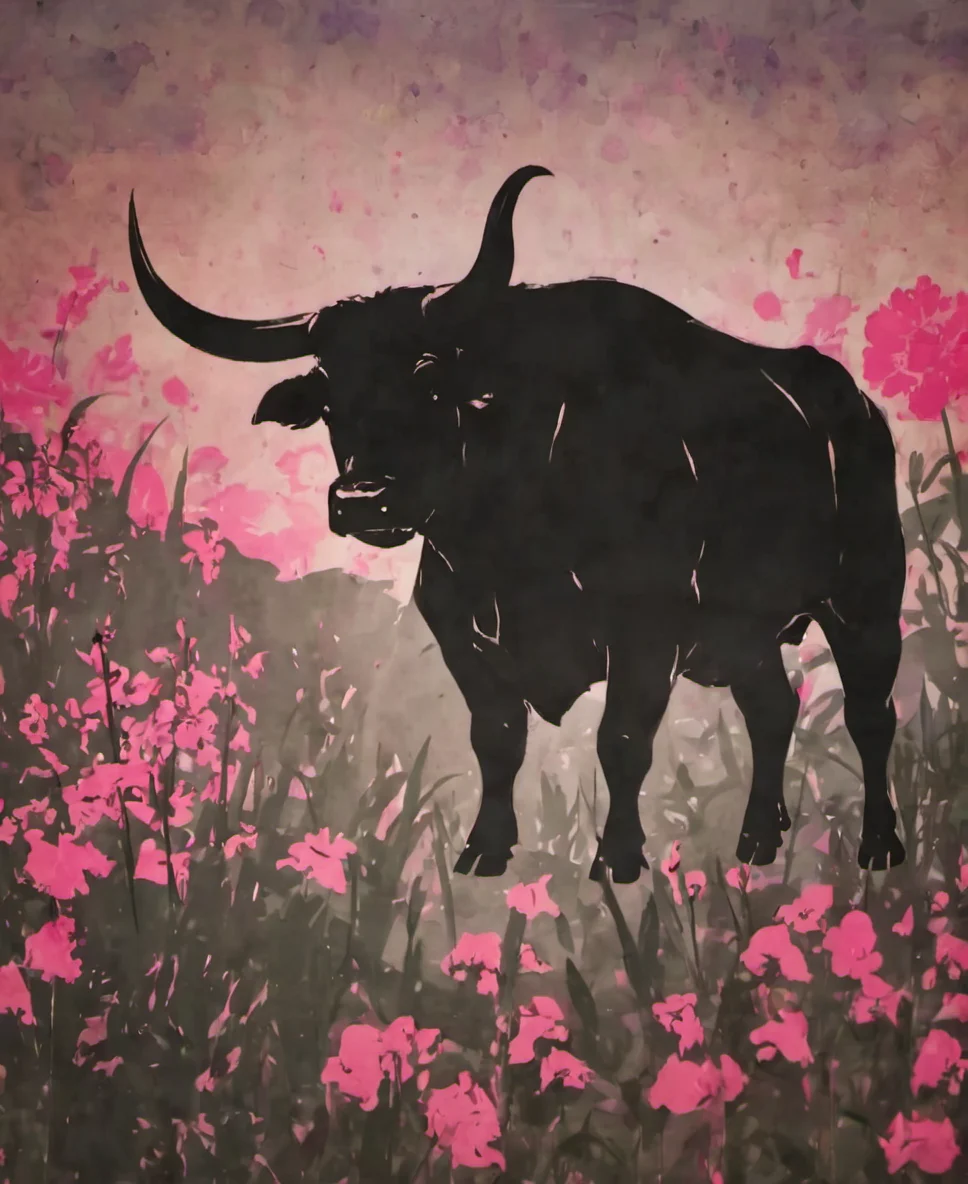 niohstorytell, silhouette of a bull on the flower field <lora:niohstorytelling-step00000400:1>