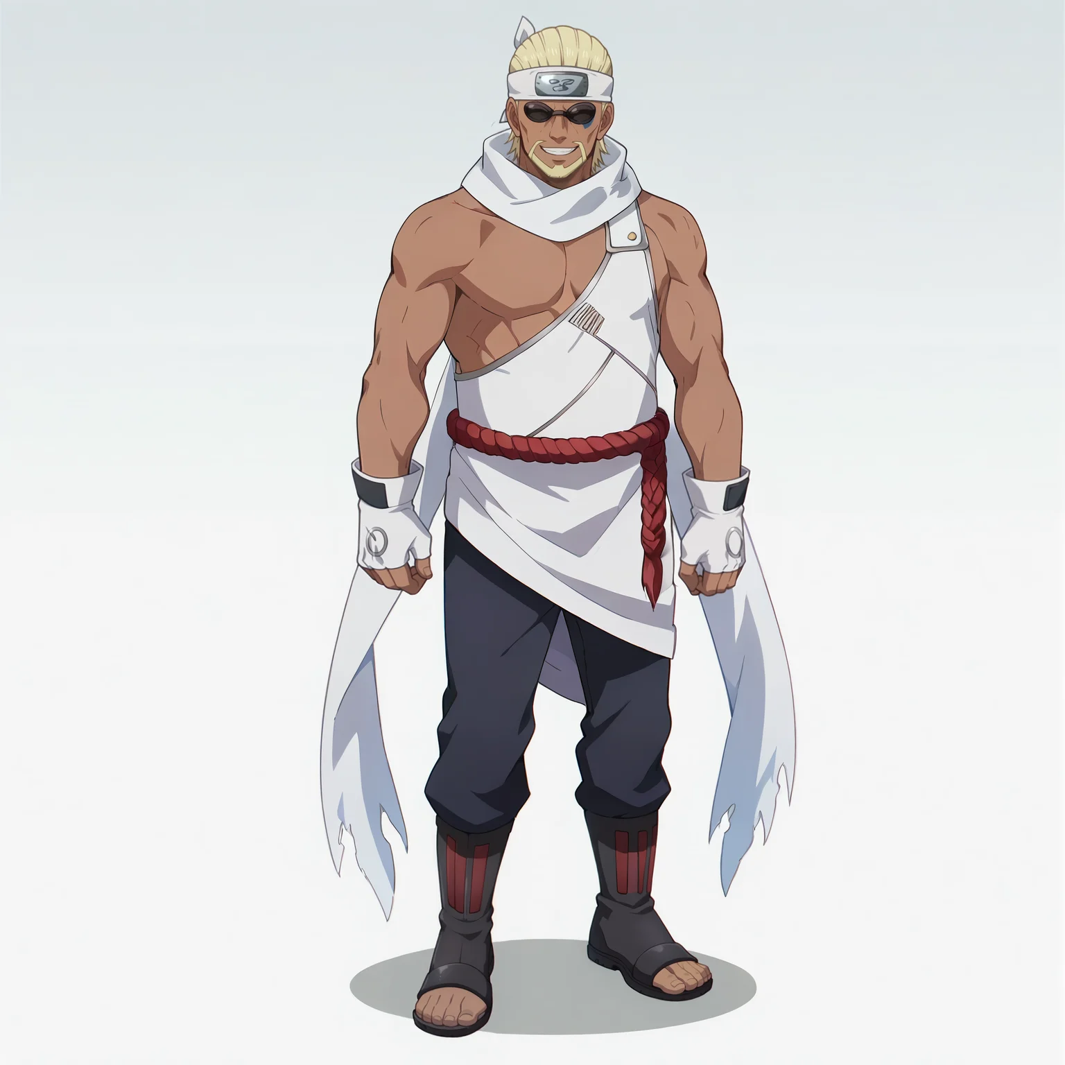white background,gradient background,
,full body, front view, evil grin,
<lora:killerbee v0:0.9> killerbee, 1boy, solo, sunglasses, headband, short hair, blonde hair, facial hair, beard, dark skin, dark-skinned male, facial mark, no eyebrows,
gloves, white dress, white gloves, fingerless gloves, pants, bare shoulders, standing, scarf, rope, muscular, muscular male,
anime screencap, masterpiece, best quality,
