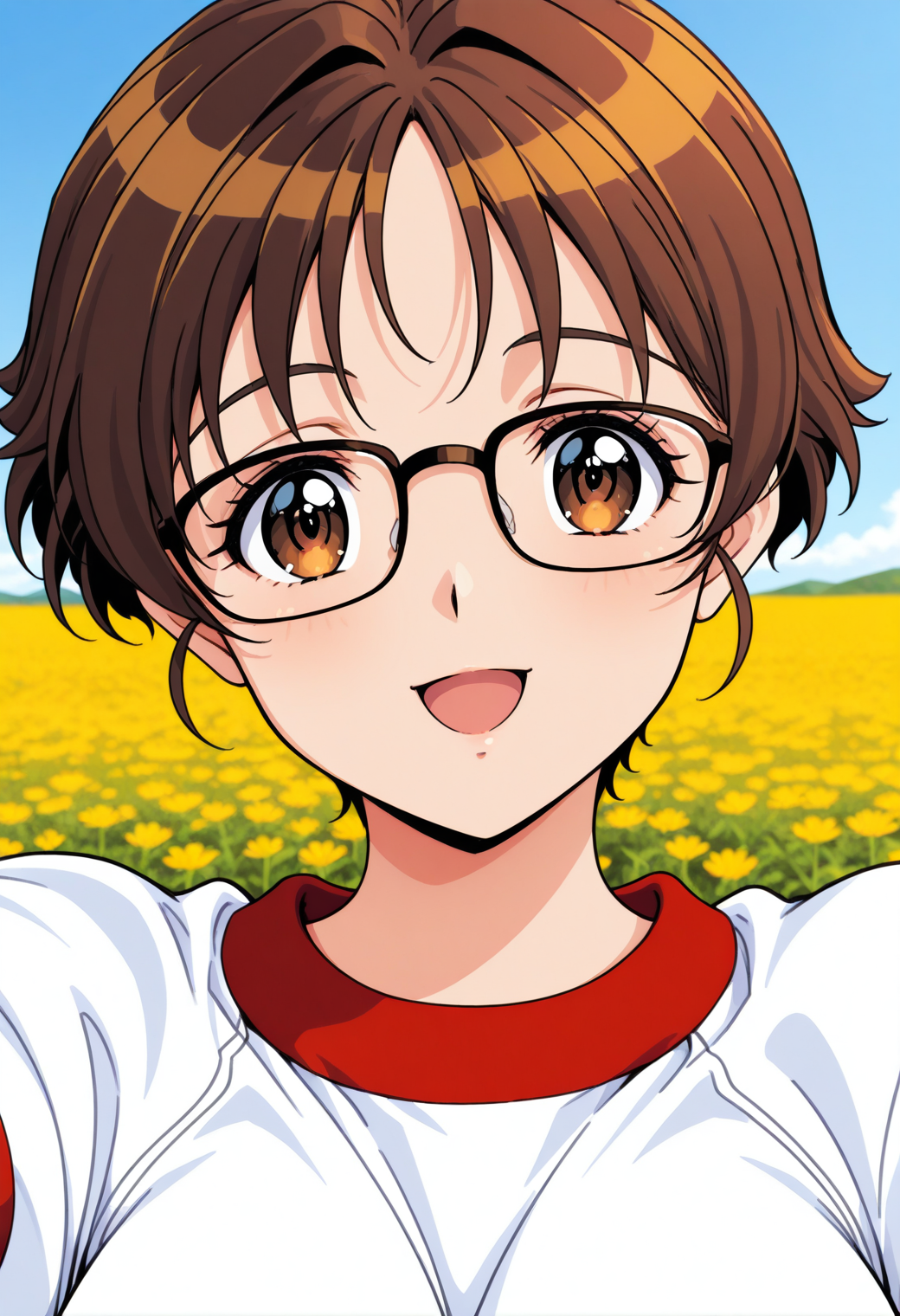 fuzisaki_mika, brown eyes, brown hair, short hair, glasses, gym uniform, red buruma, <lora:fr_fuzisaki_mika_illustrious_ver1:0.8> 
smile,, masterpiece, best quality, general,, 1girl, solo, (field:1.2), (blue sky:1.2), looking at viewer,, (upper body:1.2), (close-up:1.2), (facing viewer:1.2), (open eyes:1.4), (portrait:1.2)