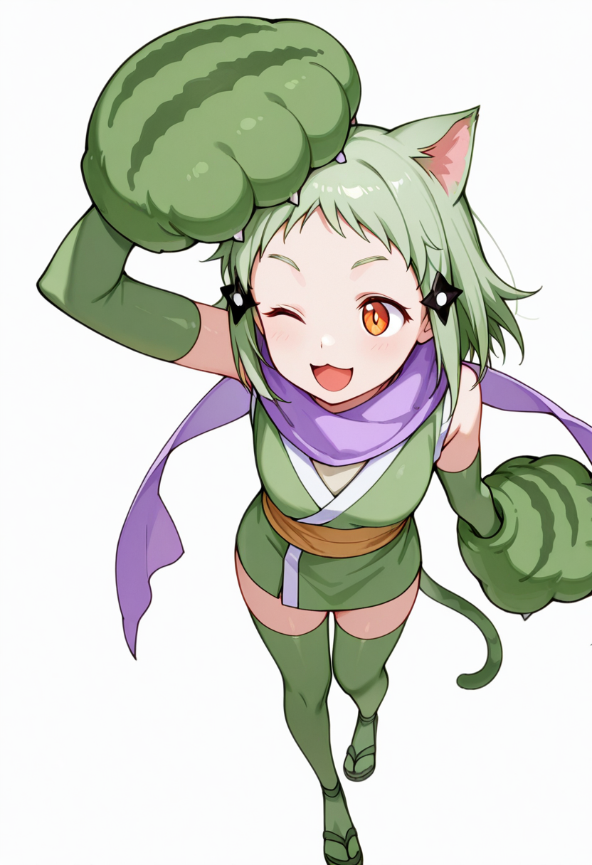 masterpiece,high quality details, absurdres, 
body curled sideways, arm supporting head, legs stacked and bent  ,
 <lora:Mao_Kusagakure:0.8>
mao_cnr, 1girl, green hair, short hair,orange eyes, cat ears,cat tail,hair ornament,
ninja, japanese clothes, kimono, sleeveless kimono,purple scarf,elbow gloves,green thighhighs, sandals,paw gloves,cat paws,, ;d,, simple background, white background, from above,solo,