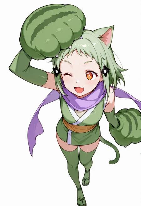 masterpiece,high quality details, absurdres,
body curled sideways, arm supporting head, legs stacked and bent ,
<lora:Mao_Kusagakure:0.8>
mao_cnr, 1girl, green hair, short hair,orange eyes, cat ears,cat tail,hair ornament,
ninja, japanese clothes, kimono, sleeveless kimono,purple scarf,elbow gloves,green thighhighs, sandals,paw gloves,cat paws,, ;d,, simple background, white background, from above,solo,