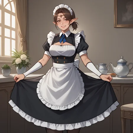 score_9, score_8_up, score_7_up, rating_safe,
brown hair, short ponytail, circlet, maid outfit,
elf, mature woman, looking at viewer, slight smile,
<lora:HEPRINCESS:0.8>
