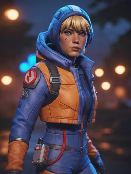 Neon noir night time portrait of full body wattson (apex legends) woman (running:1.5), surrounded by electricity and lightning, high quality, clear focus, blonde hair, bangs, fringe detailed, blue headwear, woods background,ring light, flash photography, dark moody lighting, sharp contrast <lora:Watts0n-000018:0.6> <lora:offset_0.2:1> . Cyberpunk, dark, rainy streets, neon signs, high contrast, low light, vibrant, highly detailed