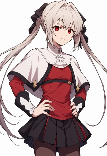 score_9, score_8_up, score_7_up, source_anime, <lora:lynneburg-clays-s1-ponyxl-lora-nochekaiser:1>, lynneburg clays,
long hair, red eyes, twintails, grey hair, hair intakes, hair ribbon, pantyhose, capelet, white capelet, dress, red dress, long sleeves, skirt, black skirt, pleated skirt,
white background,
smug, hands on hips, solo, cowboy shot, dutch angle,