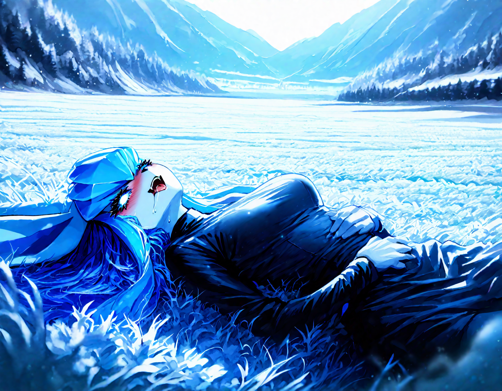 pokemon, glaceon , 1girl, ban! \(bansankan\):0.7, quasarcake:0.8, wlop:0.9, animal_ears ,animal_nose,blue_fur ,blue_hair ,blue_sclera, blue_sky ,blue skin,blue_theme, blurry, blush, body_fur, breasts,colored_sclera, cowboy_shot ,  fang, furry ,furry_female,  happy , medium breasts, looking_down , nose_blush, outdoors, personification ,pokemon_(creature),long_hair, shiny_skin ,sidelocks,sky, smile, solo ,sweat , tail ,white_eyes, long_sleeves, black_shirt ,black dress,leg_ribbon, ,
 pov, looking at viewer, lying, tongue ,tongue_out , open mouth, saliva,saliva_trail ,saliva_drip ,on back, from above,
snowy, snow, outdoors, field, mountain, cloudy sky, trees, fr0stwrld, ice ,
masterpiece, best quality, Good quality, very aesthetic, absurdres, newest, (Perfect details), solo,
<lora:Fr0stWrld4:0.7>, <lora:ponyv5_noobV065S_1_adamW:0.8>, <lora:illustrious_noobai_epsilon_pred_1_best_quality_v1:0.7> ,<lora:illustrious_noobai_epsilon_pred_11_very_aesthetic_v1:0.7> ,<lora:illustrious_noobai_epsilon_pred_1_masterpieces_v1:0.7>