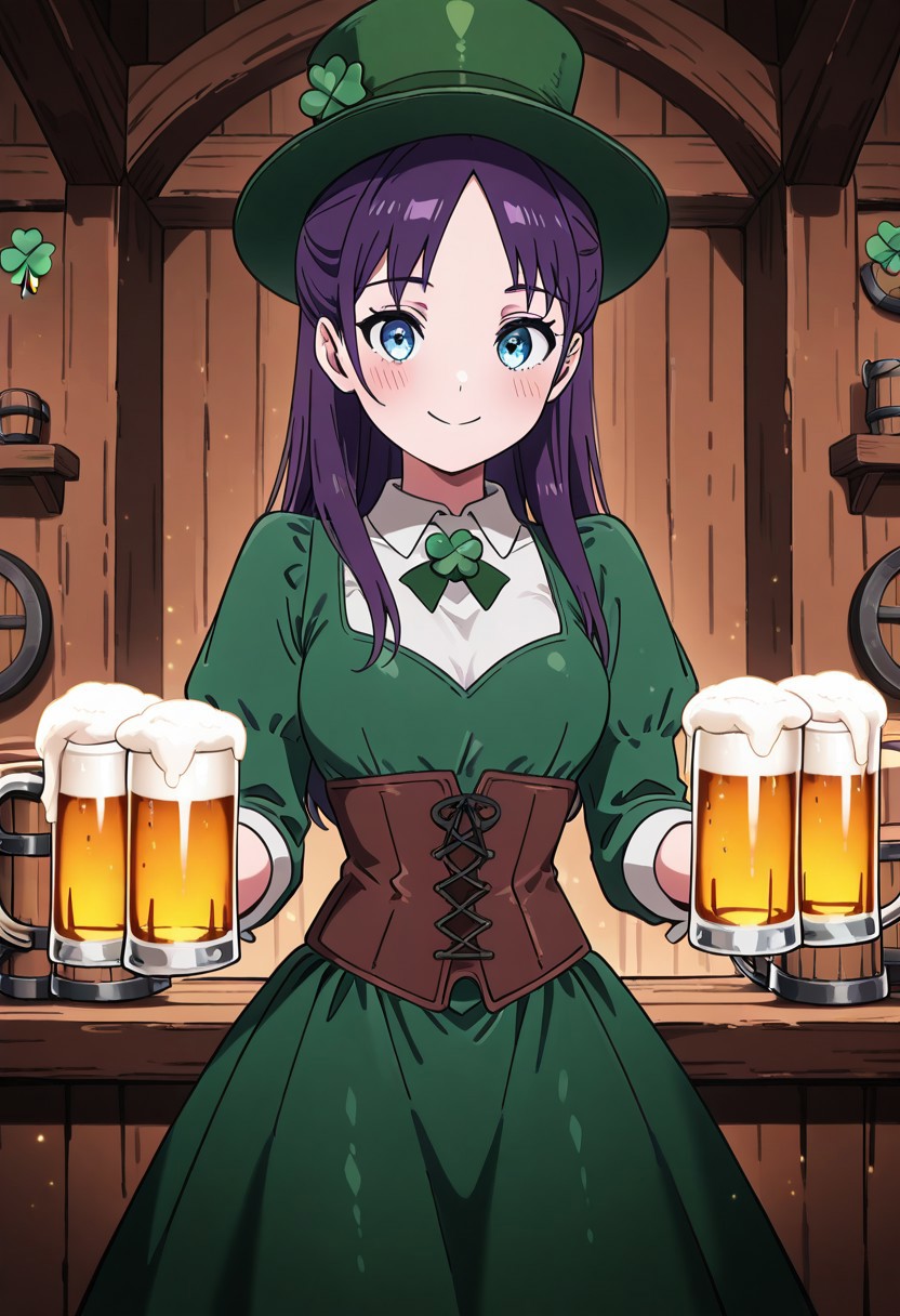 masterpiece, best quality, looking at viewer, smile,  1girl, solo(beautiful eyes), C0utur3Cr4z3,  green hat, corset, green skirt, long sleeves, collared dress, solo, smile, looking at viewer, cowboy shot,  ShamrockWorld, clover, four-leaf clover, beer mug, WWNemu, NemuAniHu, dark purple hair,  parted bangs, half updo, blue eyes,