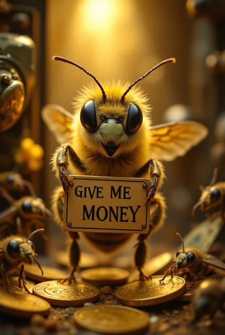 A hyper-realistic, intricately detailed close-up of a golden honeybee wearing a tiny robber's mask, holding a miniature 'Give Me Money' sign in its front legs. The bee's fur is meticulously textured, each strand glistening with golden highlights, its translucent wings shimmering with iridescent veins. The background is a surreal blend of a bank vault and a honeycomb, with hexagon-shaped coins spilling from an open safe. Dollar bills are folded into origami flowers, and a 'No Honey, No Money' graffiti is scrawled in bee-sized letters on the wall. The lighting is dramatic, with cinematic golden-hour rays piercing through the vault bars, casting intricate shadows. Surrounding the bee are other tiny insect onlookers—a beetle in a suit counting money, a butterfly teller behind a pollen-covered counter, and a line of ants carrying coin crumbs. Art style: a fusion of Alphonse Mucha's ornamental details, Salvador Dalí's surrealism, and Lisa Frank's vibrant colors. 8K, macro lens effect, insane detail, photorealistic yet whimsical.