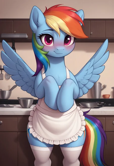 score_9, score_8_up, score_7_up, score_6_up, pony, pegasus, feral, mare, solo, (rainbow dash), no breasts, kitchen, indoors, (evening), tail, photo_realistic, blushing female, anatomically correct, looking at you, standing on 4 legs, white stockings, chef apron, white apron, front view, pregnant