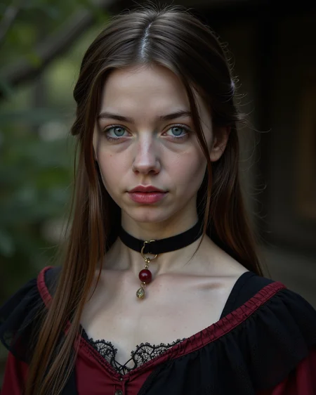 photography of a peaceful cute 18 year old sorceress in medieval times looking at the camera, pale skin, red lipstick, choker, blue glowing eyes, magic