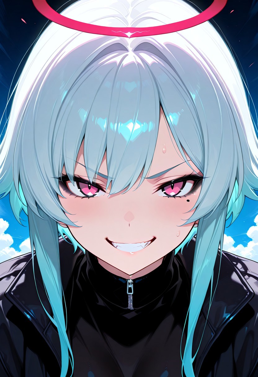 masterpiece, best quality, amazing quality, very aesthetic, high resolution, ultra-detailed, absurdres, newest, puko_d, 1girl, solo, evil grin, black eyeliner, angry, close up, halo, solo