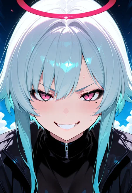 masterpiece, best quality, amazing quality, very aesthetic, high resolution, ultra-detailed, absurdres, newest, puko_d, 1girl, solo, evil grin, black eyeliner, angry, close up, halo, solo