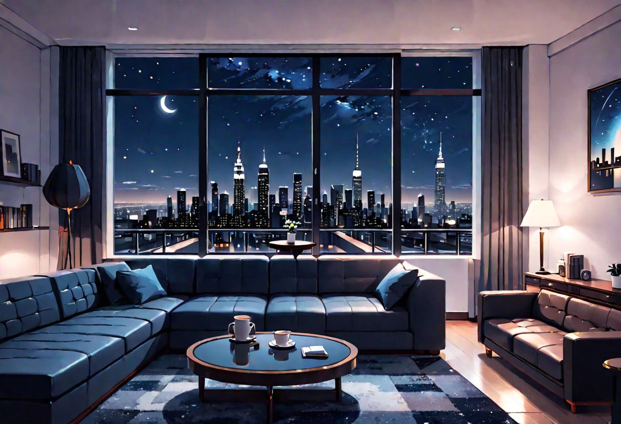 ((front view)), Shallow scene, (((animation style))), (night), modern-style interior, with white walls, (large windows), a  study, Sofa, coffee table, bookcase, single wall, ((dark room)), quiet and mysterious night sky,  city night view, (City high-rise building scenery), (City scenery outside the window), starry sky, moonlight,
