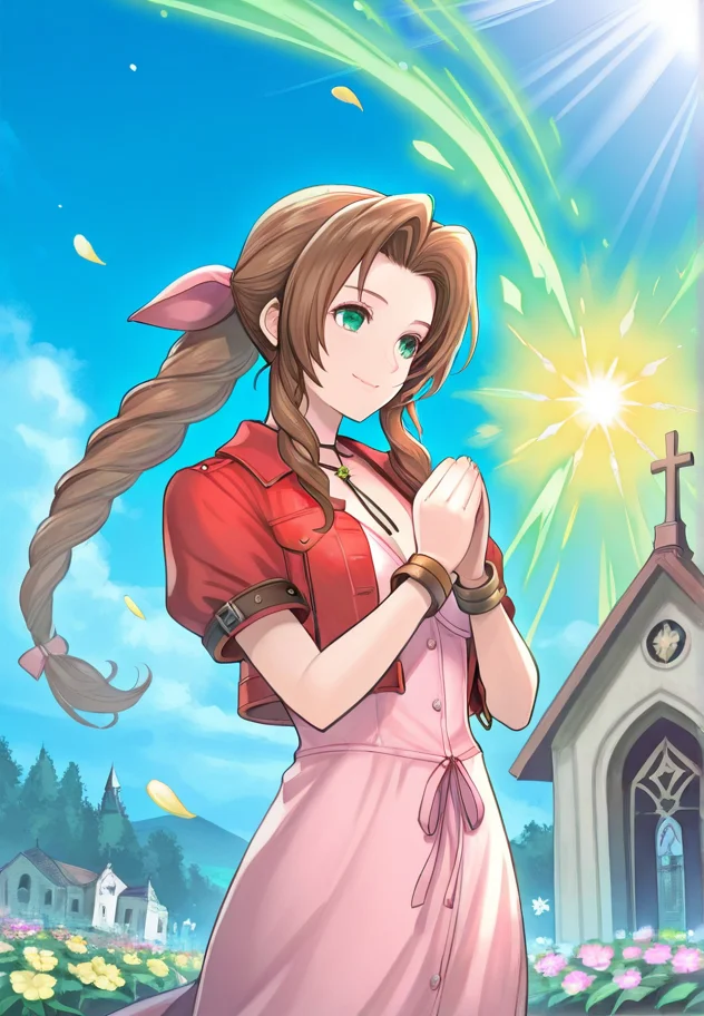 masterpiece, best quality, amazing quality, very aesthetic, absurdres, newest, detailed background, secluded beach,,
feh, magicaura, magic, flowers, petals, green aura,
1girl, solo, cowboy shot, church, flower garden, sun rays
aerith gainsborough, smile, closed mouth, praying,
<lora:Fire_Emblem_Heroes_Style:1> <lora:Magic_Aura:1>
