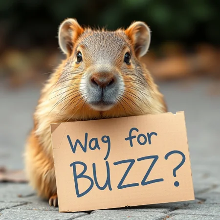 A cute capybara has a cardboard piece with a message asking for BUZZ