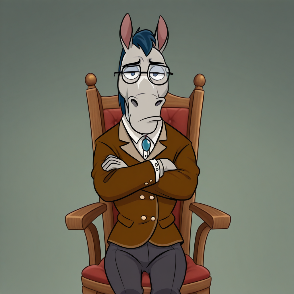 <lora:Mr._Horse_-_Ren__Stimpy:1> MrHorseIL, standing, crossed arms, thinking, with a with a hoof under the chin, sitting in a psychiatrist's chair,  HDA_MasterpieceXLclassic, looking at viewer, earing a formal wear and glasses