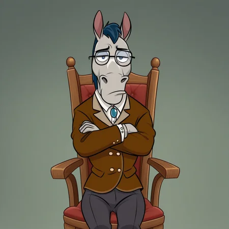 <lora:Mr._Horse_-_Ren__Stimpy:1> MrHorseIL, standing, crossed arms, thinking, with a with a hoof under the chin, sitting in a psychiatrist's chair, HDA_MasterpieceXLclassic, looking at viewer, earing a formal wear and glasses