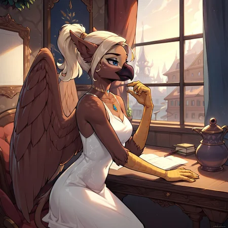 masterpiece, score_9_up, score_8_up, score_7_up, score_6_up, score_5_up, source_furry, ultra-detailed, high resolution, solo, vivienne discret, griffon, avian, anthro, female, slim, eyebrows, ((beautiful detailed blue eyes)), beak, light blonde hair, ponytail, brown feathers, feathery ears, yellow claws, wings, tail, royal, dressed, white dress, detailed facial features, expressiveh, highly visible, detailed background, black indoors, home, table, sitting, armchair, three quarter view, expressiveh, highly visible, sharp focus, anatomically correct, zPDXL3