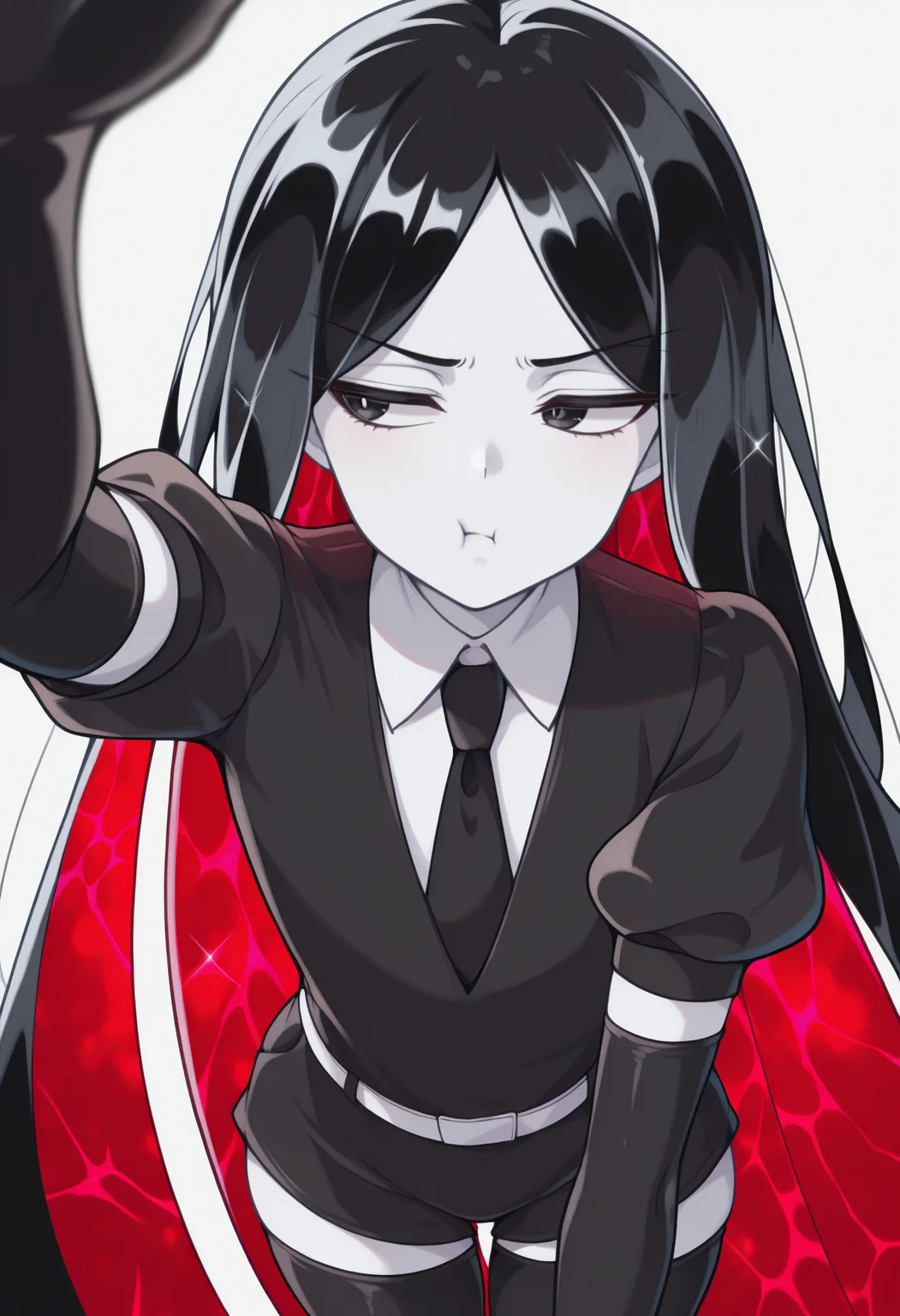masterpiece, best quality, newest, anime, reaching towards viewer, arm up, solo, 1other, hnkbrt, colored skin, white skin, pout, :t, looking to the side, black eyes, crystal hair, black hair, colored inner hair, absurdly long hair, black hair, colored inner hair, parted bangs, absurdly long hair, black shirt, puffy short sleeves, wing collar, black necktie, white belt, black shorts, elbow gloves, black gloves, black thighhighs, simple background, white background
<segment:yolo-Anzhc Face seg 640 v3 y11n.pt,0.35,1//cid=11>