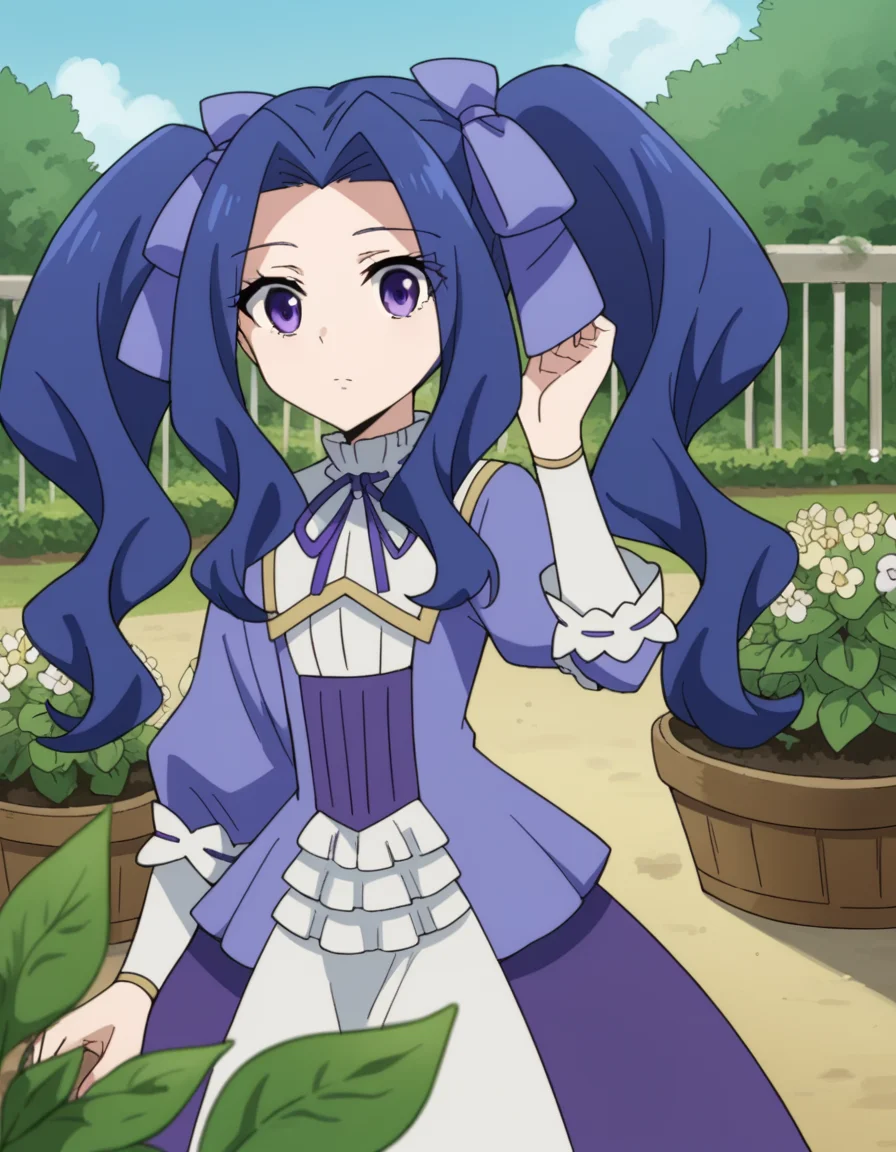 score_9, score_8_up, score_7_up, source_anime, <lora:melty-q-melromarc-s1-ponyxl-lora-nochekaiser:1>, melty q melromarc, long hair, ribbon, twintails, blue hair, purple eyes, hair ribbon, purple ribbon, parted bangs,, long sleeves, dress, frills, ribbon trim, purple dress,, gardening, watering plants, backyard, flowers blooming, sunny day, , hand behind head, , looking at viewer, solo,, dutch angle, cowboy shot