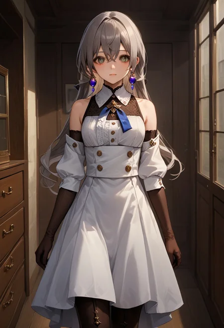 score_9, score_8_up, score_7_up, score_6_up, score_5_up, score_4_up, source_anime, masterpiece, best quality, HD, very detailed, realistic skin texture, realistic hair BREAK 1girl, solo, BronyaBren, 1girl, long hair, grey hair, grey eyes, dress, drill hair, hair between eyes, twin drills, medium breasts, very long hair, blush, crossed bangs, mature female, tall female, bare shoulders, bronya zaychik, jewelry, dress, earrings, black gloves, elbow gloves, white dress, black footwear, pantyhose, boots, thighhighs, sleeveless, thigh boots, brown gloves, detached sleeves, bodysuit, black pantyhose, shiny skin, (blushing, shy, embarrassed, looking at the viewer):1.4, (front view, close-up, face focus, torso out of frame):2 BREAK indoors, kyoukieyes
